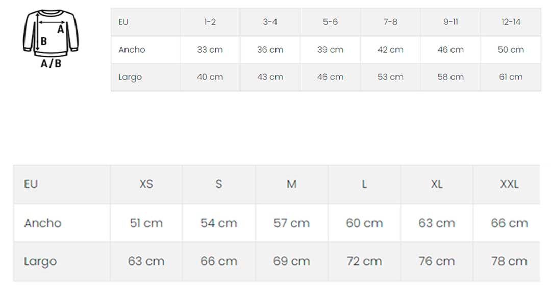 guia de tallas de sudadera