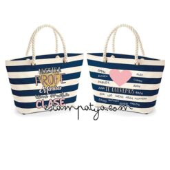Bolsa de tela para profesora personalizada con rayas marineras azules y frase esta profe tiene mucha clase