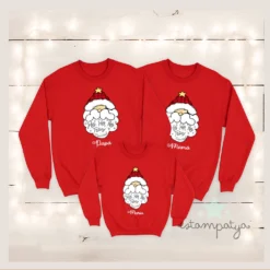 Sudaderas navideñas rojas de familia con diseño de Papá Noel personalizadas con nombres