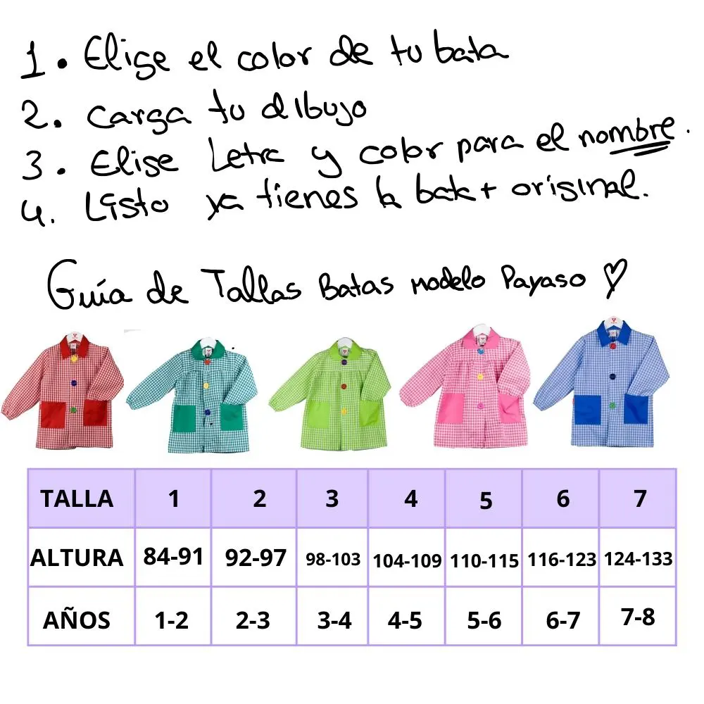 guía de tallas bata colegio