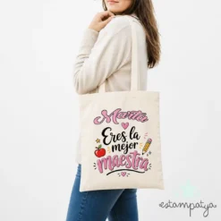 Bolsa de tela personalizada con nombre para regalo de maestra fin de curso
